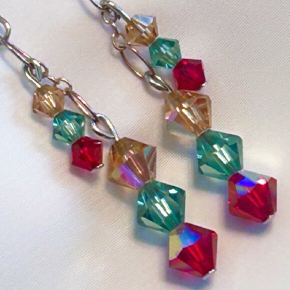 Red, Green, and Light Gold Crystal Bead Earrings - Picture 2 of 2